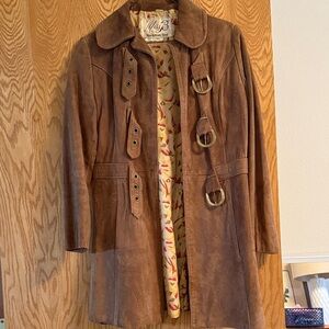 Nordstrom Vintage Leather Brown Suede Trench Coat with Buckle Accents